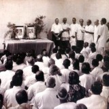 Nolini-Kanta-Gupta-at-the-inauguration-of-Sri-Aurobindos-Action-with-Dr.-Kireet-Joshi-Kalyan-Prapatti-Udar-Pinto-Andre-Morisset-the-Mothers-son-Shyam-Sundar-Jhunjhunwala-and-Pradyot-Kumar-Bhattacharya